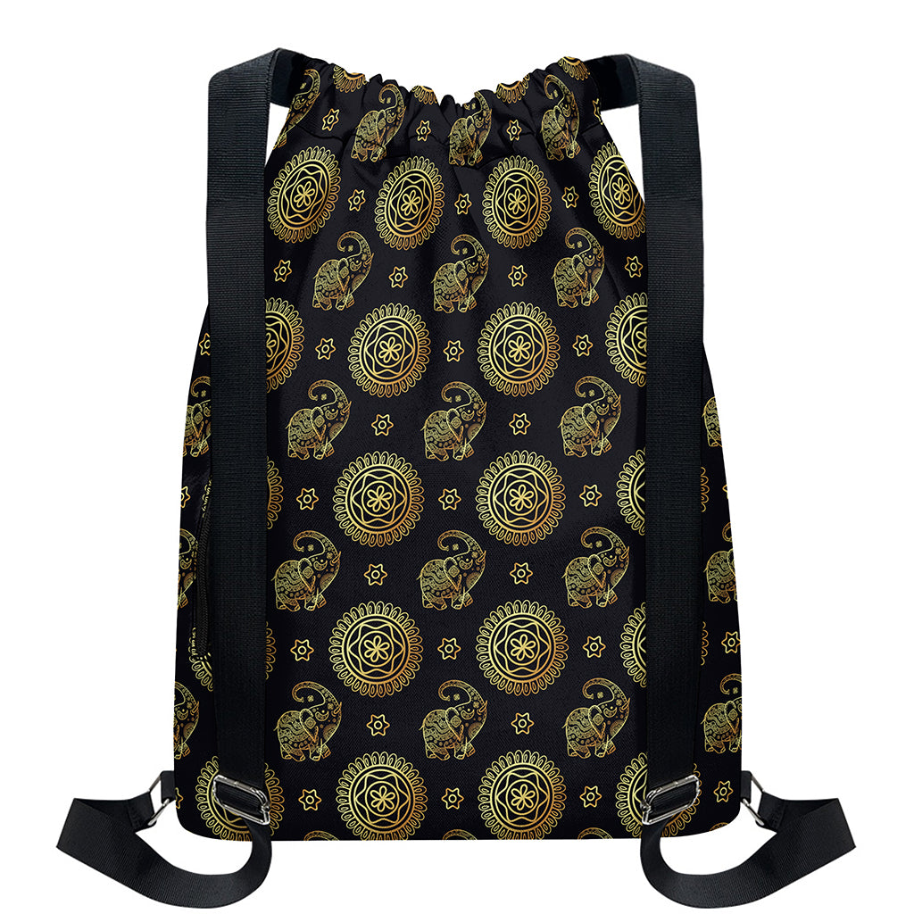 Cute Gold Boho Elephant Pattern Print Drawstring Backpack
