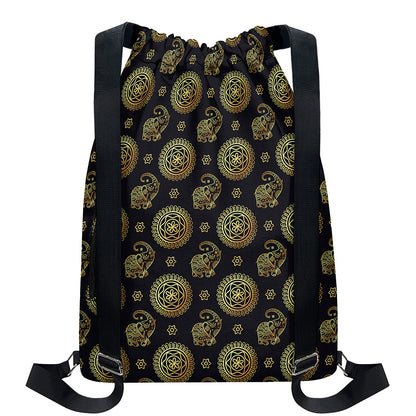 Cute Gold Boho Elephant Pattern Print Drawstring Backpack