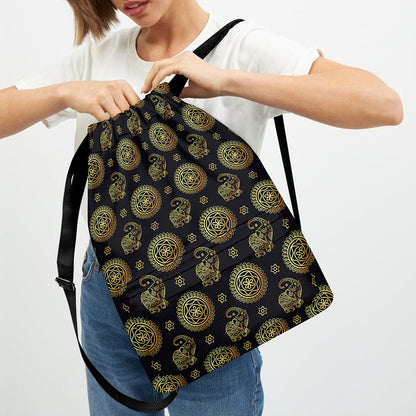 Cute Gold Boho Elephant Pattern Print Drawstring Backpack