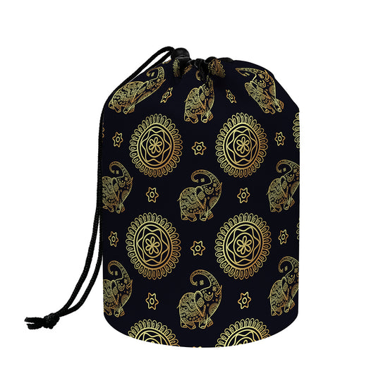 Cute Gold Boho Elephant Pattern Print Drawstring Makeup Bag