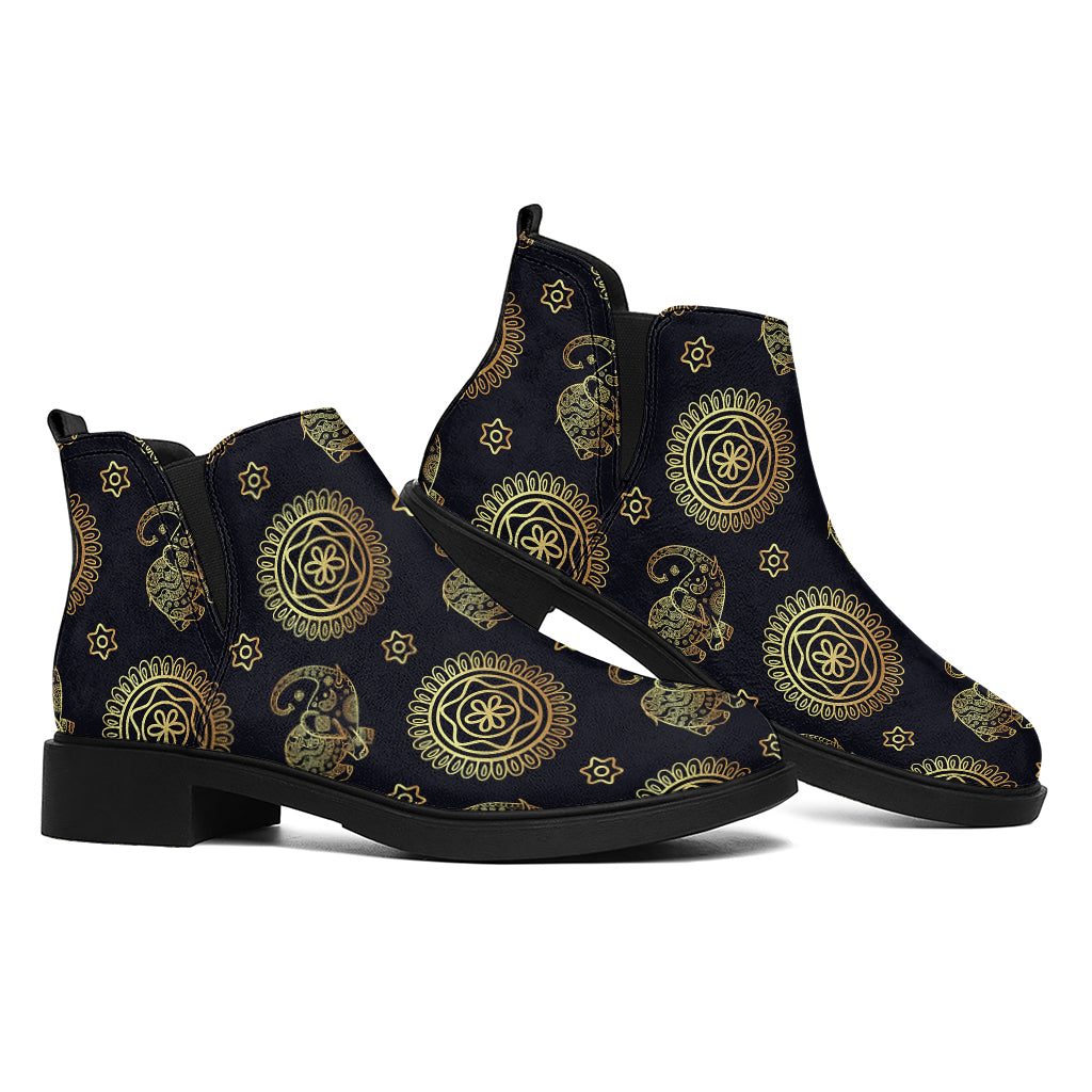 Cute Gold Boho Elephant Pattern Print Flat Ankle Boots