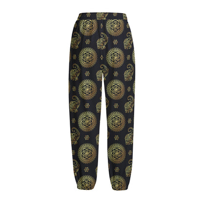 Cute Gold Boho Elephant Pattern Print Fleece Lined Knit Pants