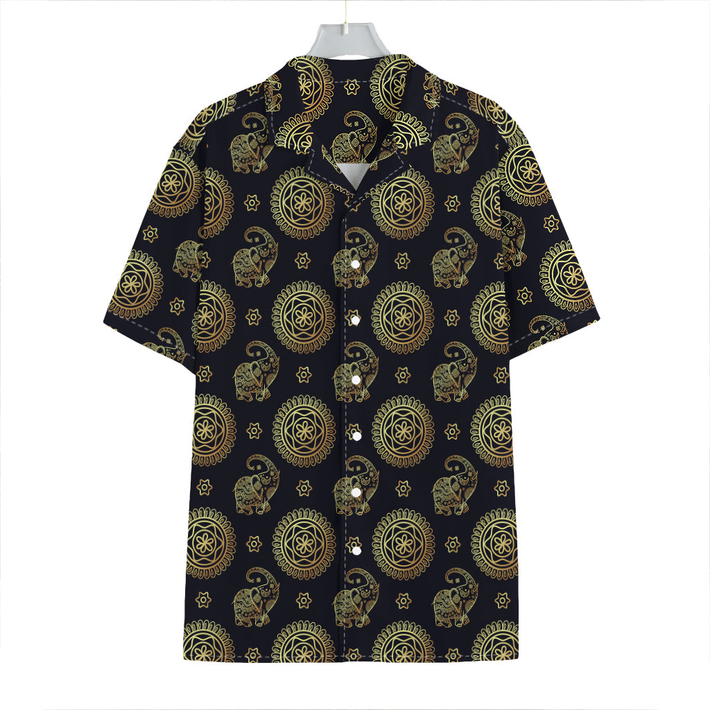 Cute Gold Boho Elephant Pattern Print Hawaiian Shirt