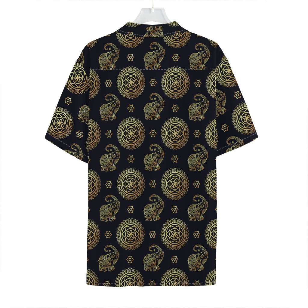 Cute Gold Boho Elephant Pattern Print Hawaiian Shirt