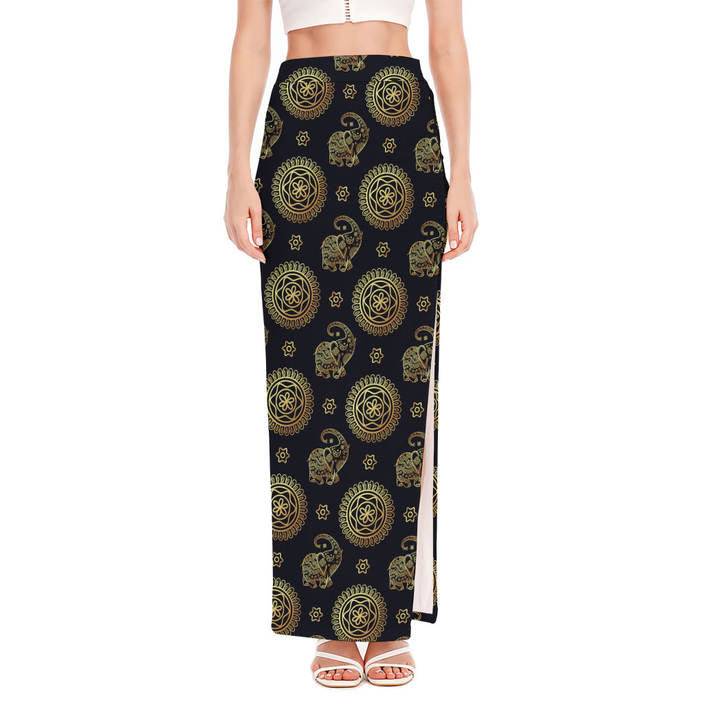 Cute Gold Boho Elephant Pattern Print High Slit Maxi Skirt