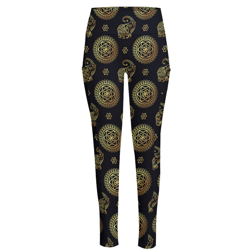 Cute Gold Boho Elephant Pattern Print High-Waisted Pocket Leggings