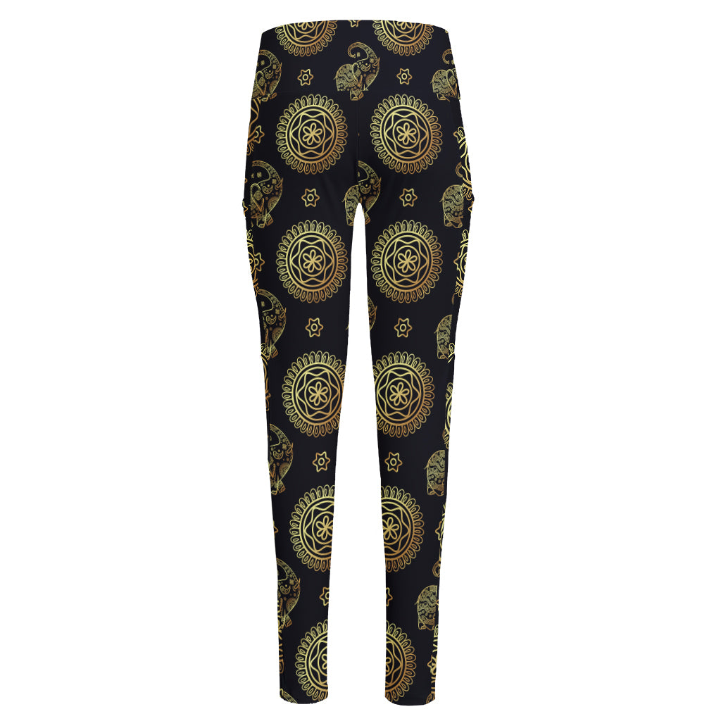 Cute Gold Boho Elephant Pattern Print High-Waisted Pocket Leggings