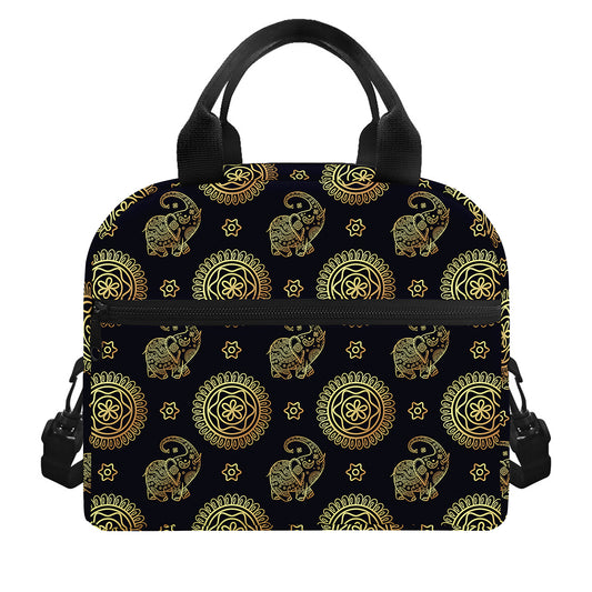 Cute Gold Boho Elephant Pattern Print Insulated Lunch Bag