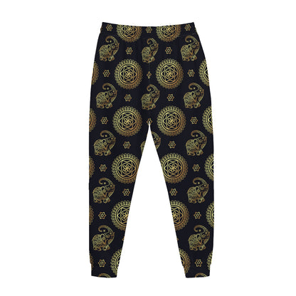 Cute Gold Boho Elephant Pattern Print Jogger Pants