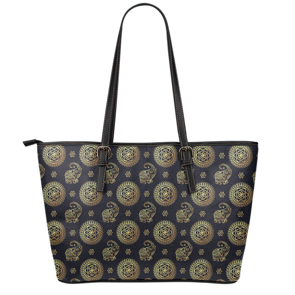 Cute Gold Boho Elephant Pattern Print Leather Tote Bag