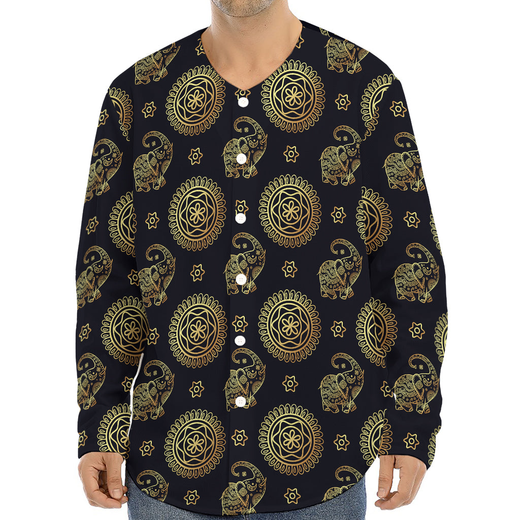 Cute Gold Boho Elephant Pattern Print Long Sleeve Baseball Jersey