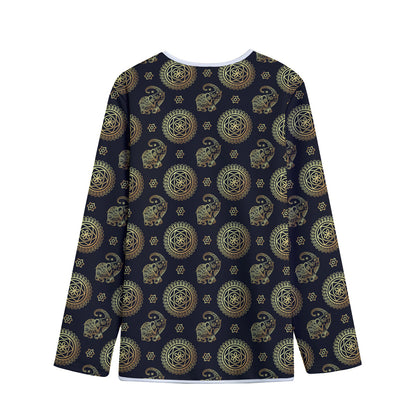 Cute Gold Boho Elephant Pattern Print Long Sleeve Short Coat