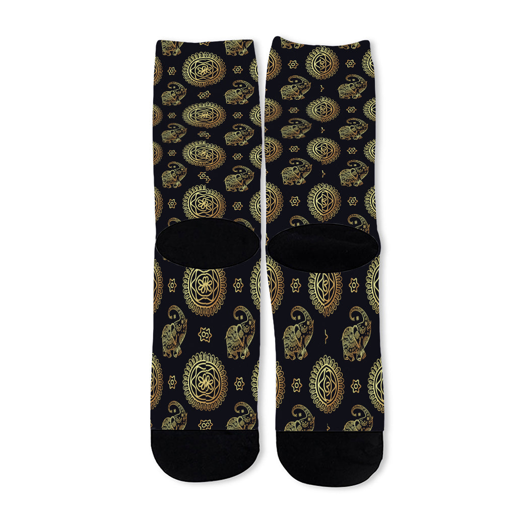 Cute Gold Boho Elephant Pattern Print Long Socks