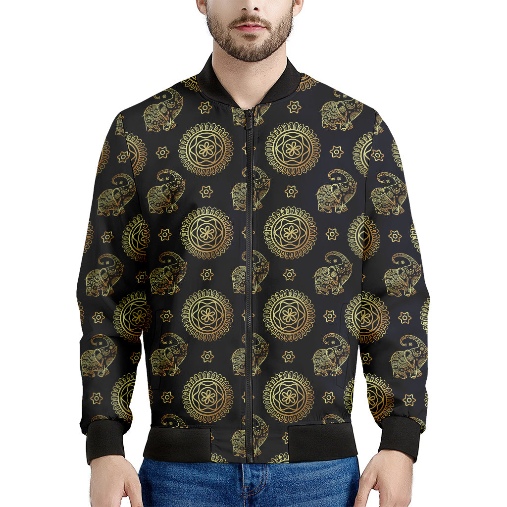 Cute Gold Boho Elephant Pattern Print Men's Bomber Jacket