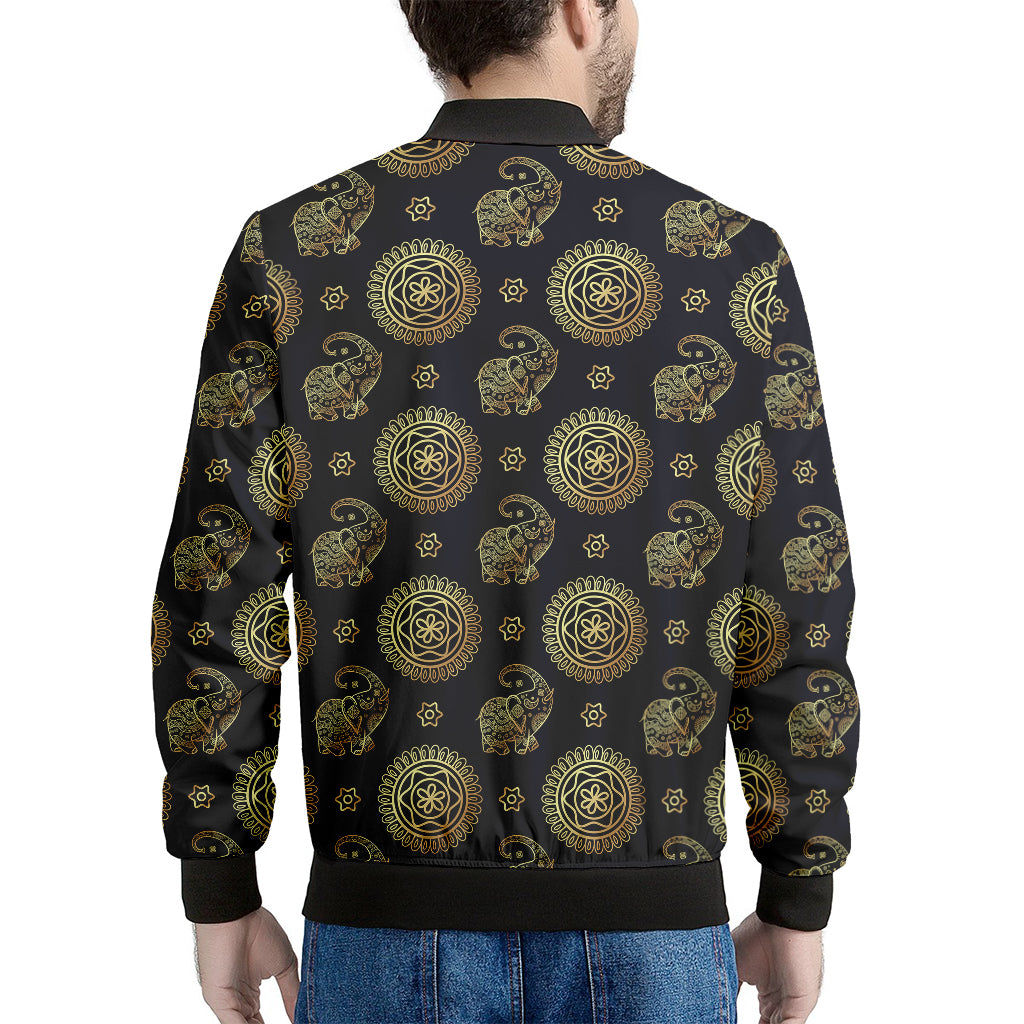 Cute Gold Boho Elephant Pattern Print Men's Bomber Jacket