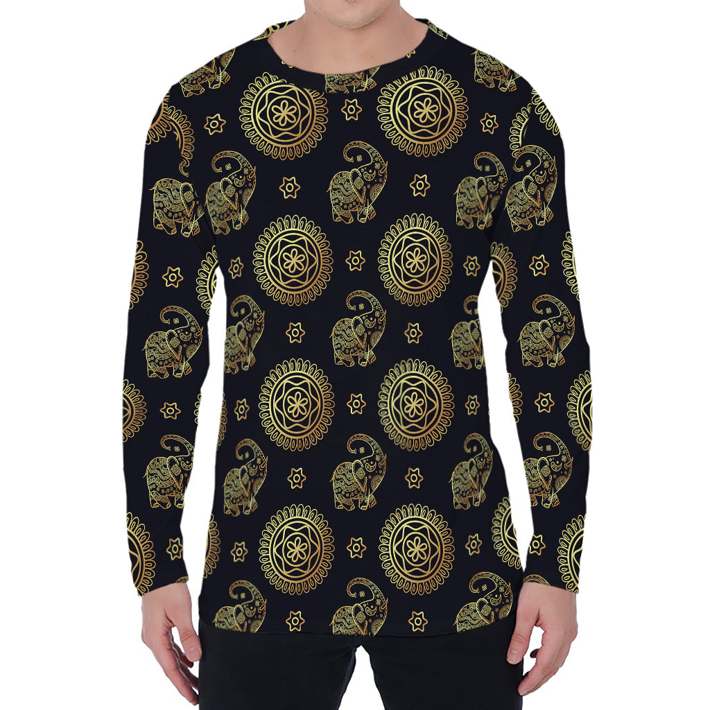 Cute Gold Boho Elephant Pattern Print Men's Long Sleeve T-Shirt