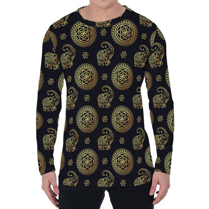 Cute Gold Boho Elephant Pattern Print Men's Long Sleeve T-Shirt