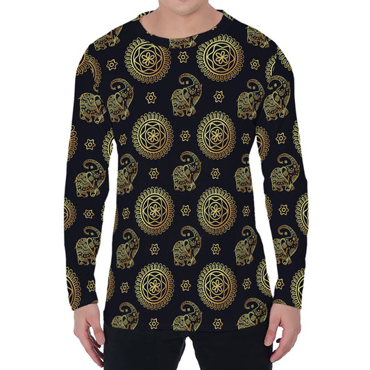Cute Gold Boho Elephant Pattern Print Men's Long Sleeve T-Shirt