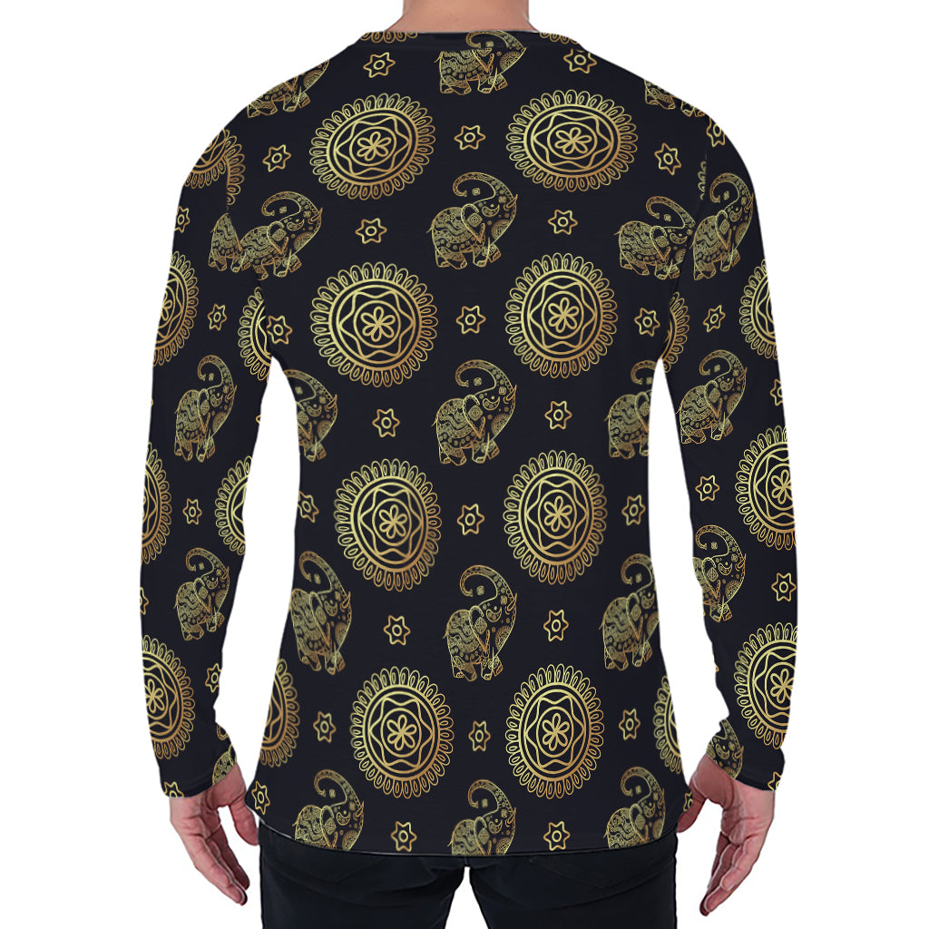 Cute Gold Boho Elephant Pattern Print Men's Long Sleeve T-Shirt