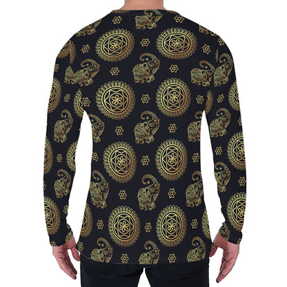 Cute Gold Boho Elephant Pattern Print Men's Long Sleeve T-Shirt