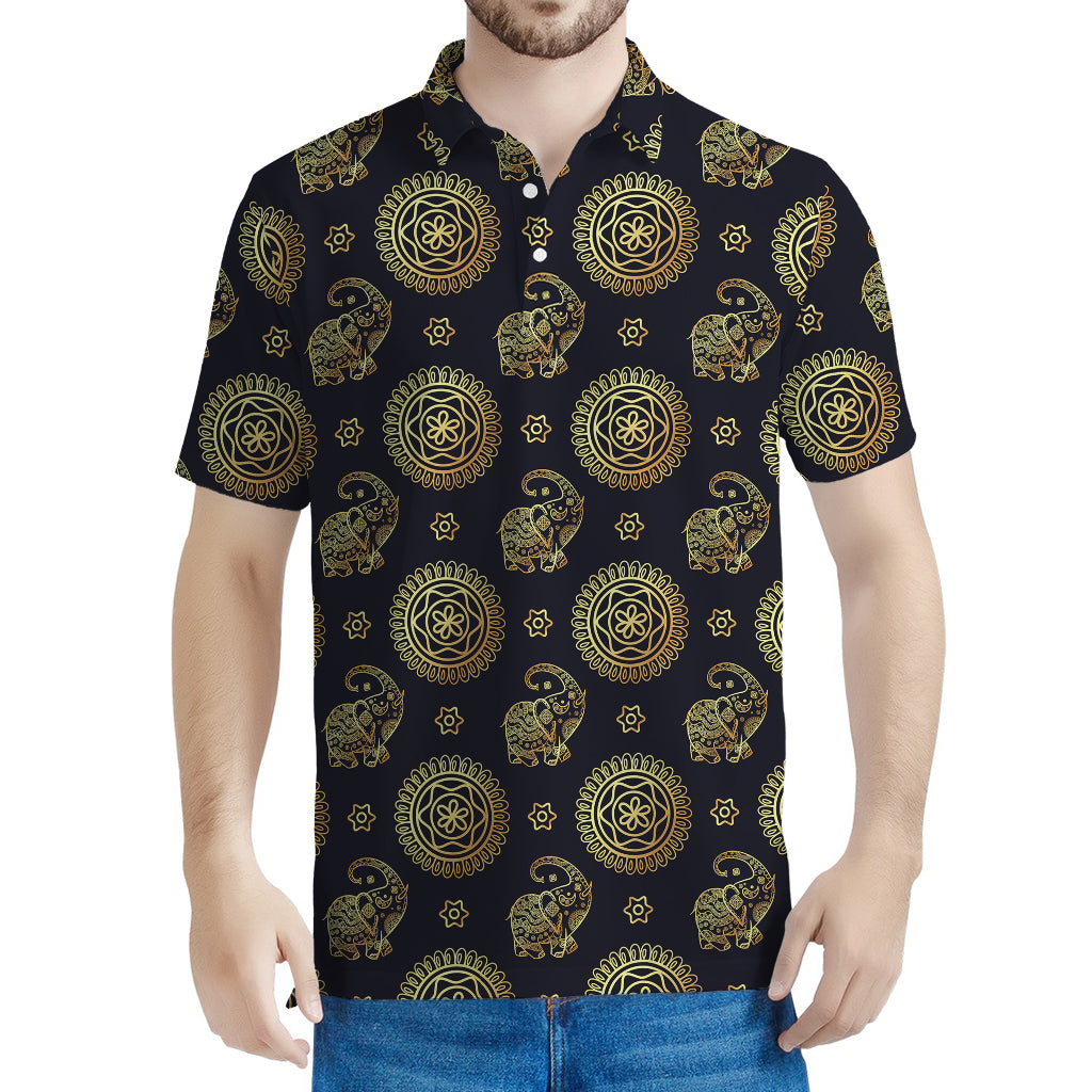 Cute Gold Boho Elephant Pattern Print Men's Polo Shirt