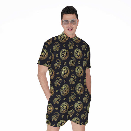 Cute Gold Boho Elephant Pattern Print Men's Rompers