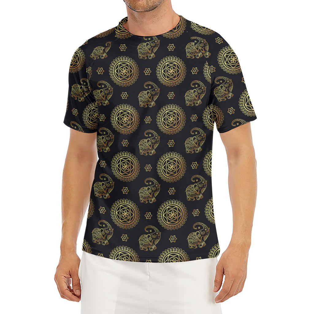 Cute Gold Boho Elephant Pattern Print Men's Short Sleeve Rash Guard