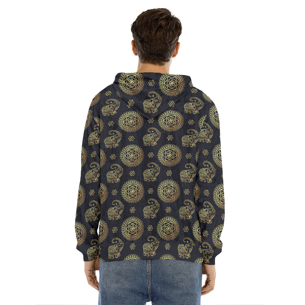 Cute Gold Boho Elephant Pattern Print Men's Velvet Pullover Hoodie