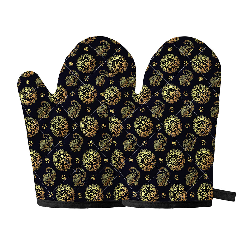 Cute Gold Boho Elephant Pattern Print Oven Mitts