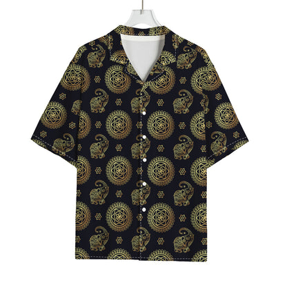Cute Gold Boho Elephant Pattern Print Rayon Hawaiian Shirt