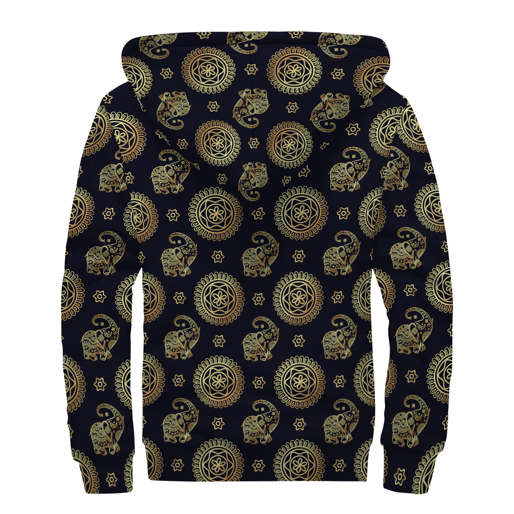 Cute Gold Boho Elephant Pattern Print Sherpa Lined Zip Up Hoodie