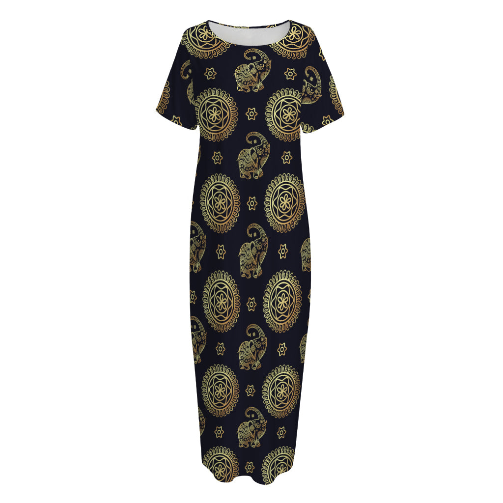 Cute Gold Boho Elephant Pattern Print Short Sleeve Long Nightdress