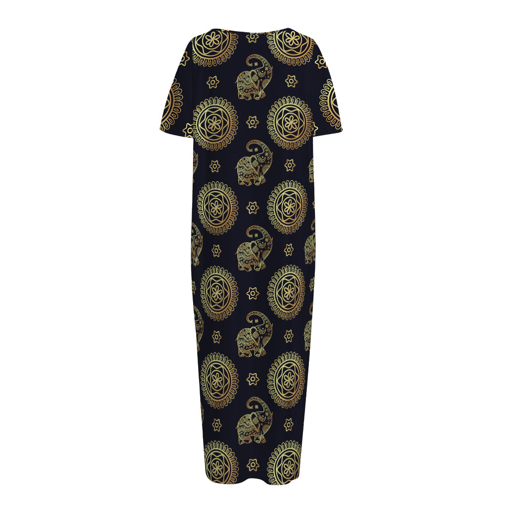 Cute Gold Boho Elephant Pattern Print Short Sleeve Long Nightdress