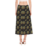 Cute Gold Boho Elephant Pattern Print Side Slit Midi Skirt