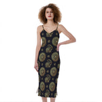 Cute Gold Boho Elephant Pattern Print Slim Fit Midi Cami Dress