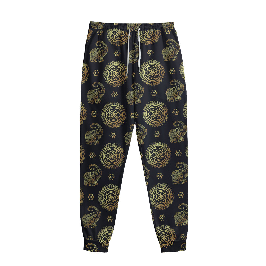 Cute Gold Boho Elephant Pattern Print Sweatpants