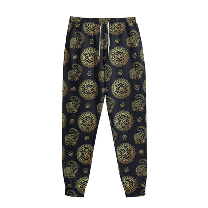Cute Gold Boho Elephant Pattern Print Sweatpants