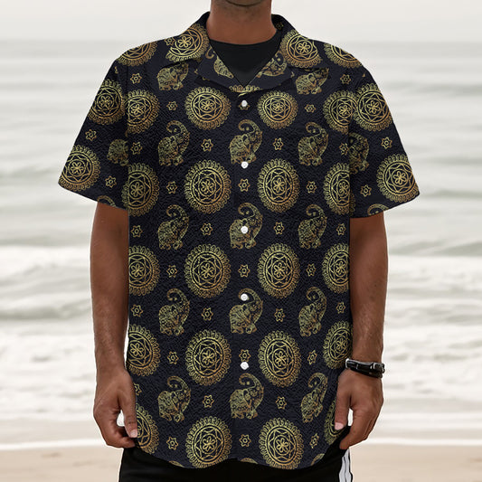 Cute Gold Boho Elephant Pattern Print Textured Short Sleeve Shirt