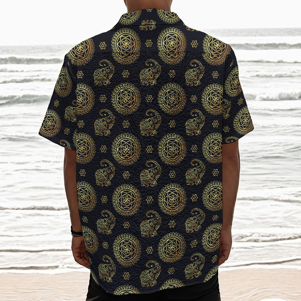 Cute Gold Boho Elephant Pattern Print Textured Short Sleeve Shirt