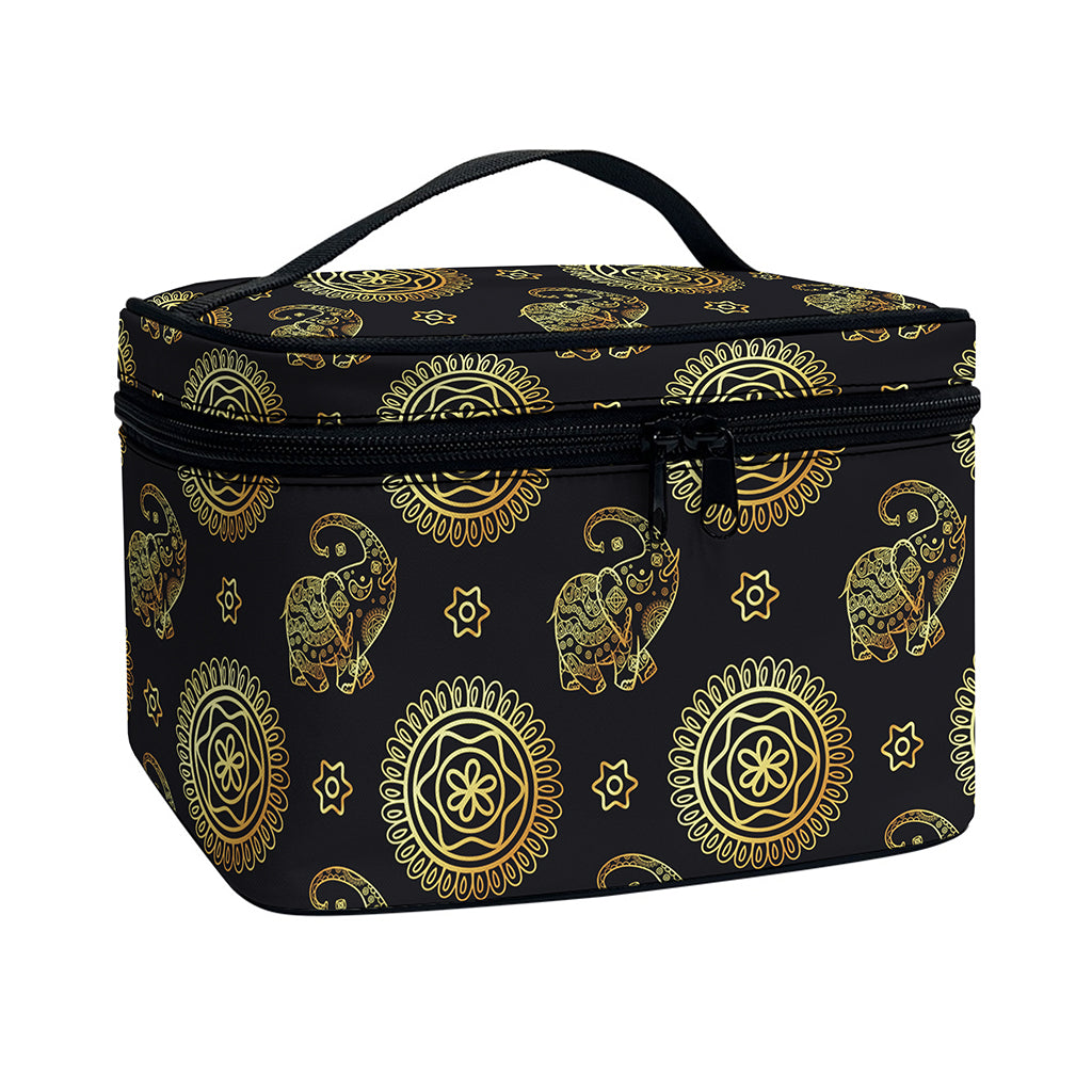Cute Gold Boho Elephant Pattern Print Travel Makeup Bag