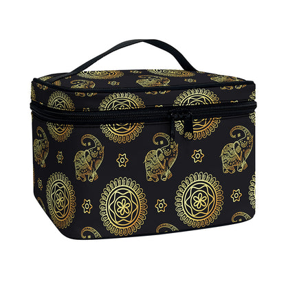 Cute Gold Boho Elephant Pattern Print Travel Makeup Bag