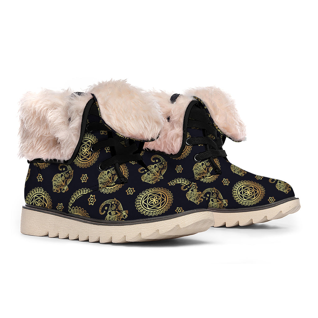 Cute Gold Boho Elephant Pattern Print Winter Boots