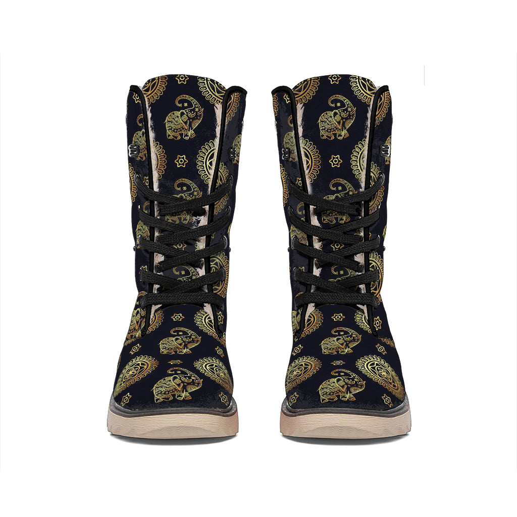 Cute Gold Boho Elephant Pattern Print Winter Boots