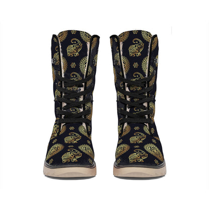 Cute Gold Boho Elephant Pattern Print Winter Boots