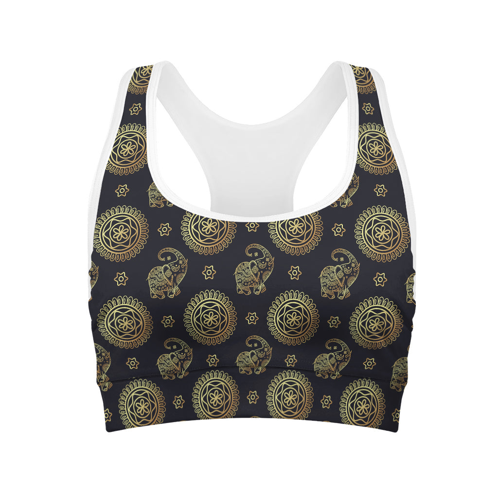Cute Gold Boho Elephant Pattern Print Women's Sports Bra