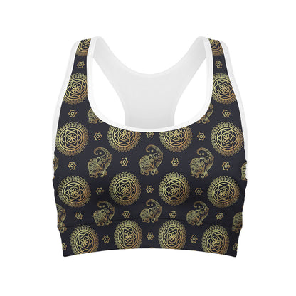 Cute Gold Boho Elephant Pattern Print Women's Sports Bra