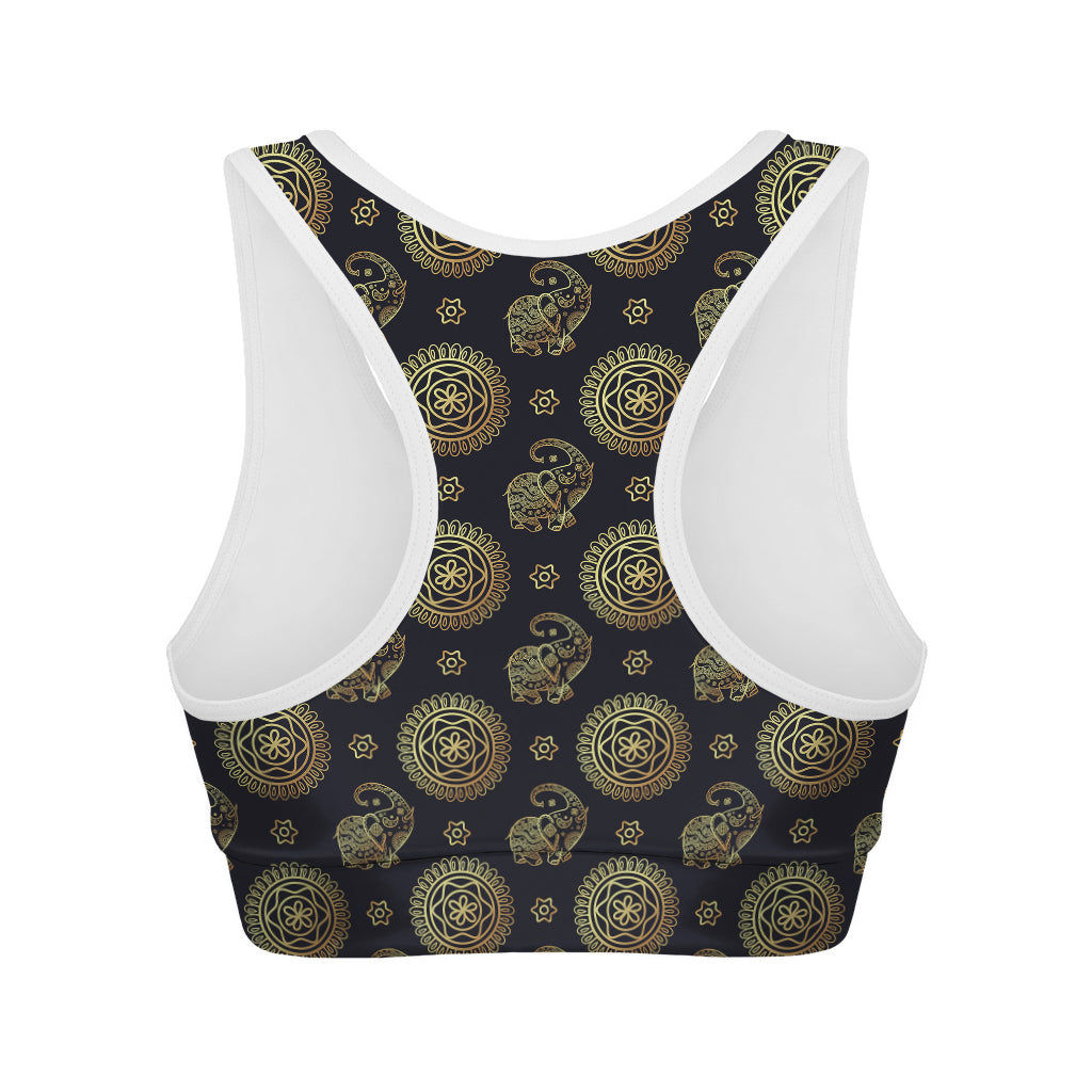 Cute Gold Boho Elephant Pattern Print Women's Sports Bra
