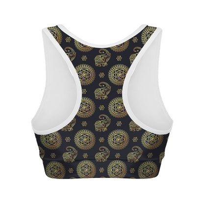 Cute Gold Boho Elephant Pattern Print Women's Sports Bra