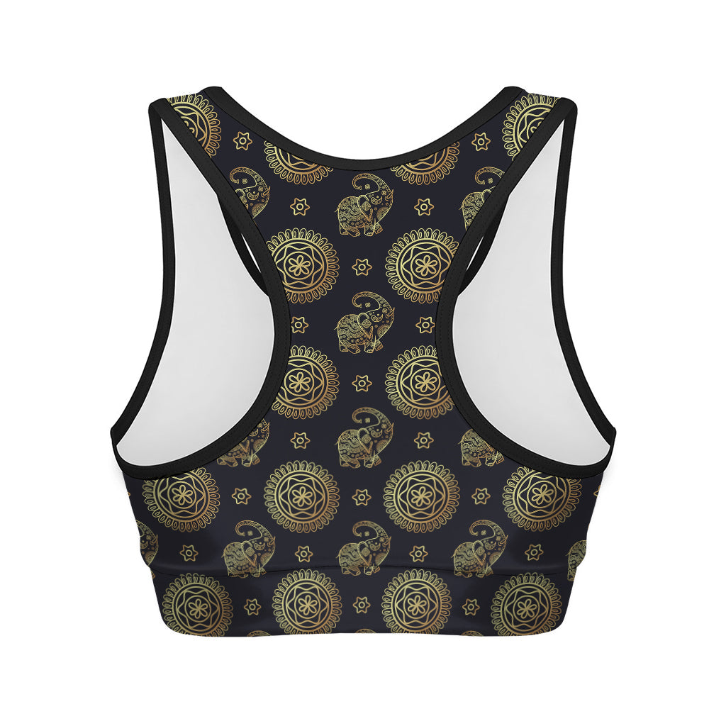 Cute Gold Boho Elephant Pattern Print Women's Sports Bra