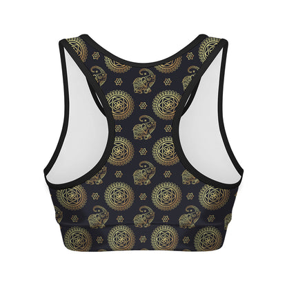 Cute Gold Boho Elephant Pattern Print Women's Sports Bra
